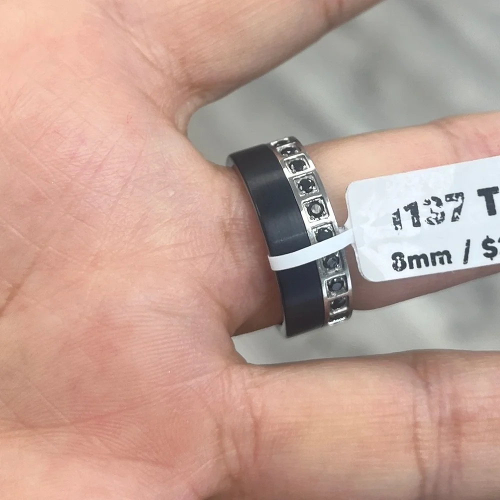 New 8mm flat Black CZ black IP plated Eternity Tungsten Wedding Band Ring